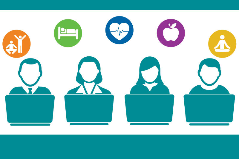 Employee Wellness program concept - With vector images of employess with worktop's and small wellness relates icons above them.