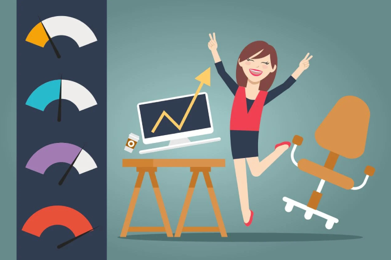 Vector illustration of happy women employee and measuring employee satisfaction.