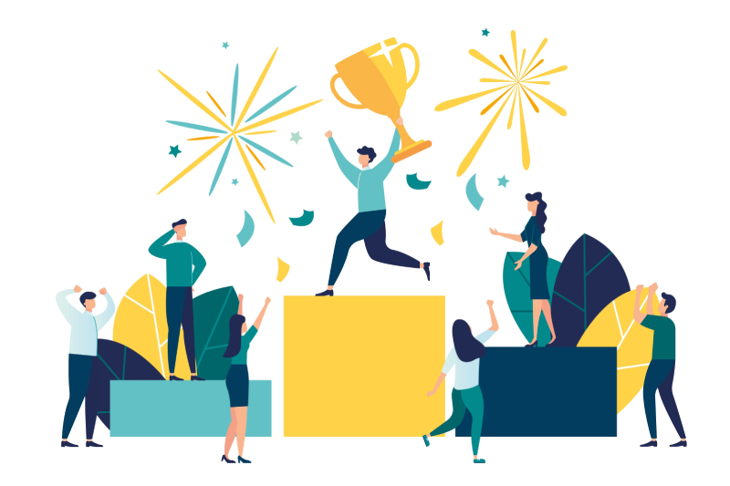 This vector illustration concept highlights employee retention factors with businessmen characters standing on a podium with medals and trophies and celebrating the accomplishment.